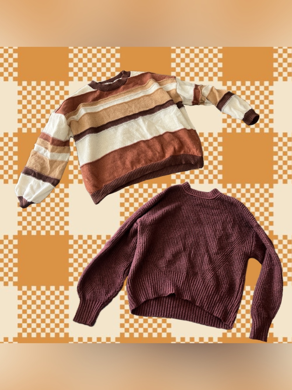 Women's Striped Rust & Cream Knit Sweater with Plum Ribbed Pullover - Set